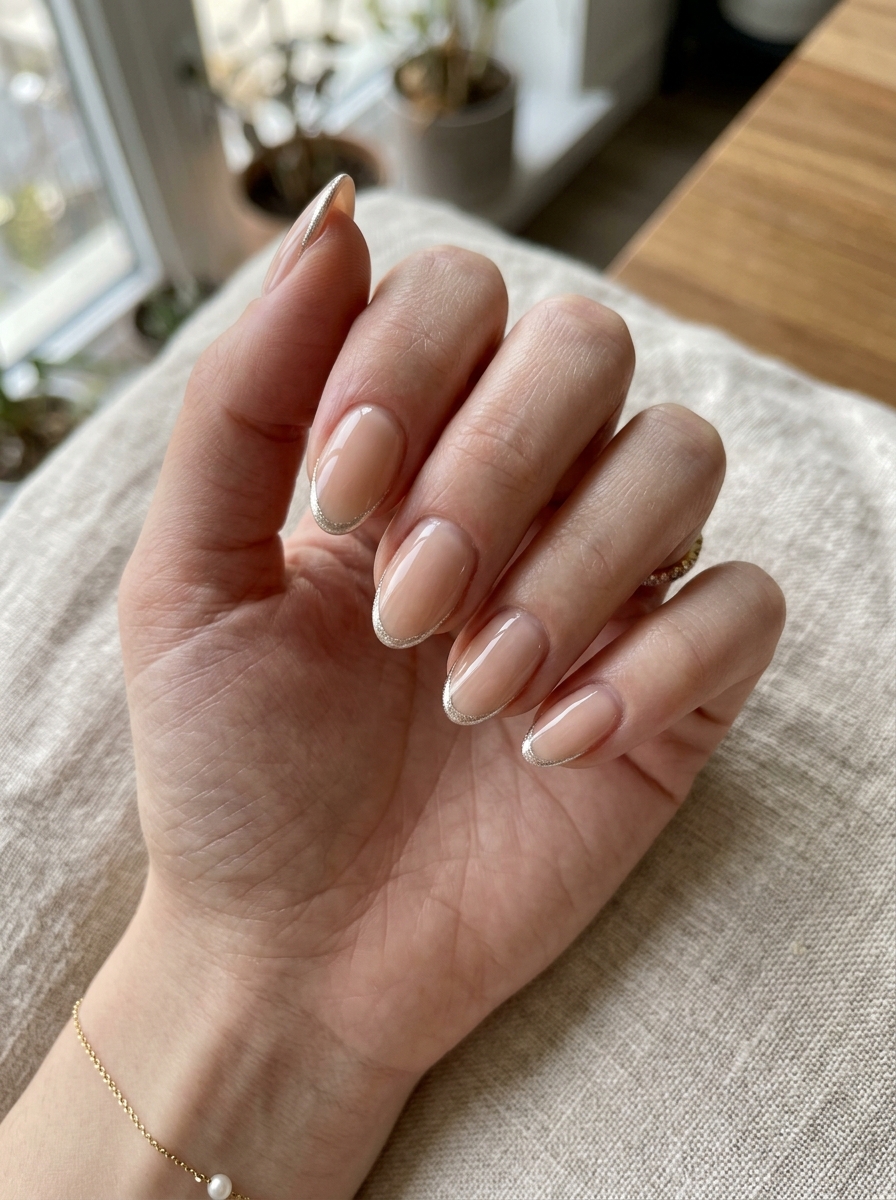 Short Almond Nails mit Chrome Outline als Kurze Almond Nails Inspiration 2026